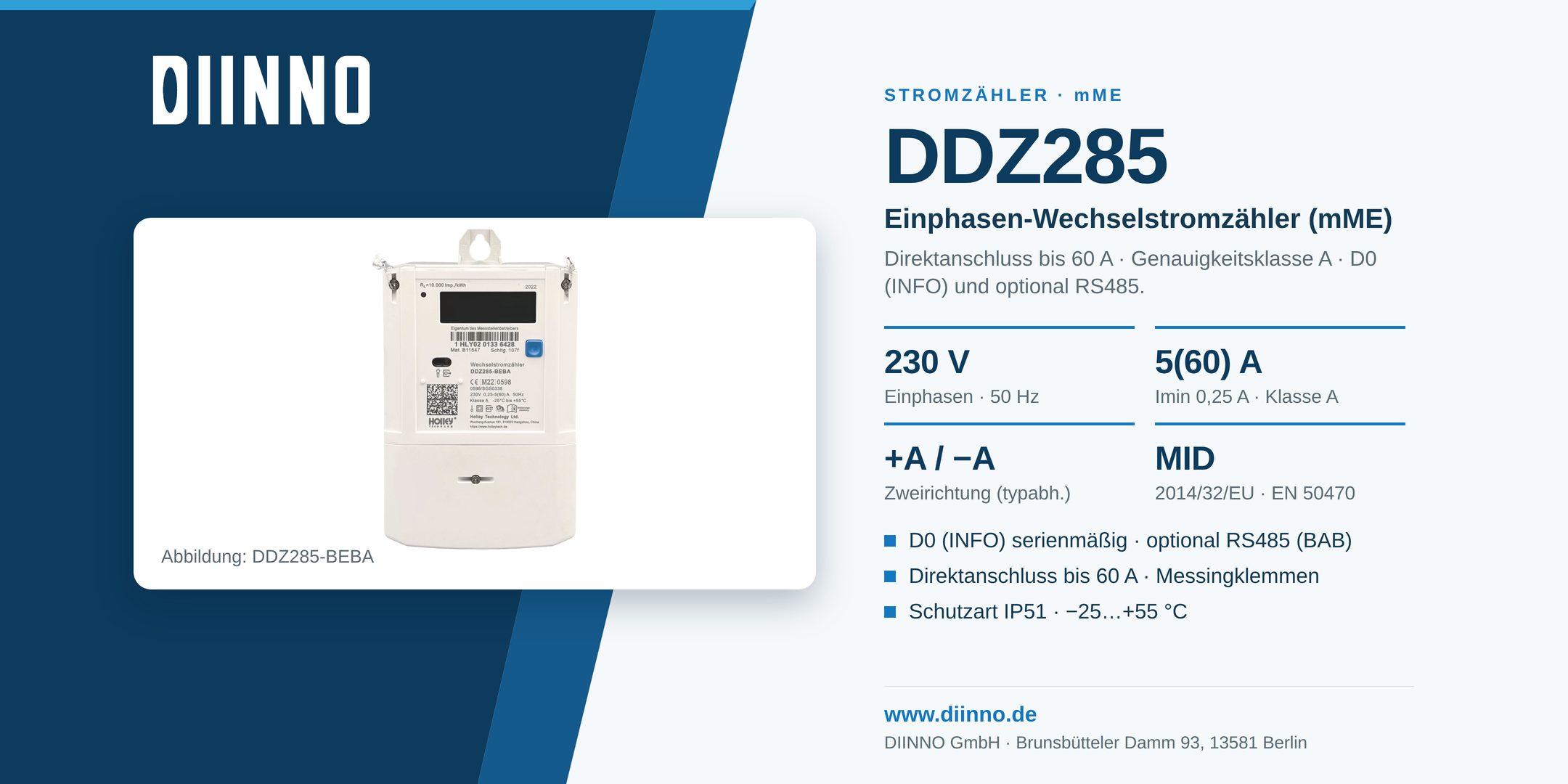 DIINNO DDZ285 – Dreipunkt-mME-Wechselstromzähler, Produktwerbebild